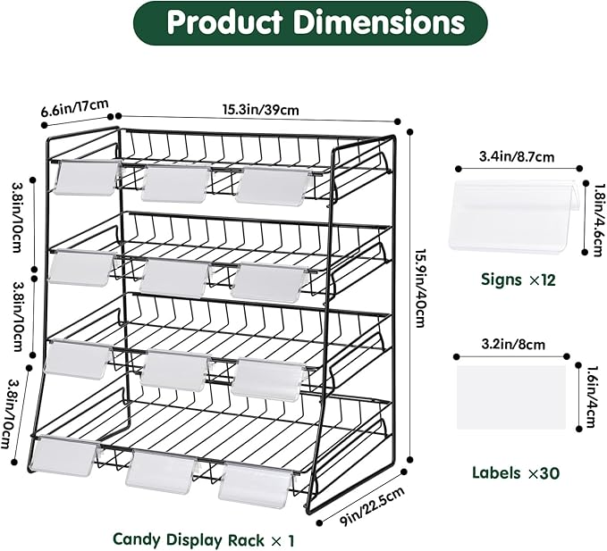 4-Tier Black Stackable Candy Display Rack, Snack Organizer For Countertop, Stores, Offices with 12 Signs and 30 Labels (Black-1 Pack)