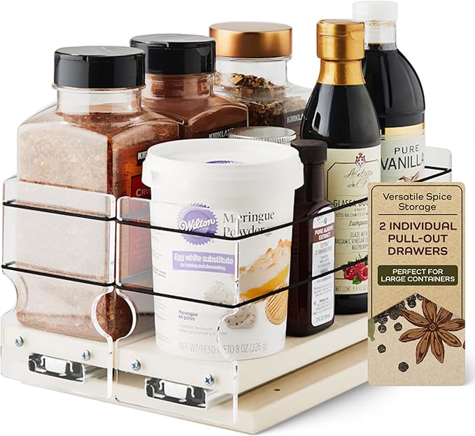 Vertical Spice - Large Pullout Sliding Spice Rack Organizer - 2 Individual 1 Tier Drawers - Premium Rolling Seasoning Holder/Caddy for Hidden Pantry Storage - Made in USA (6.9''W x 5.0" H x 10.6''D)