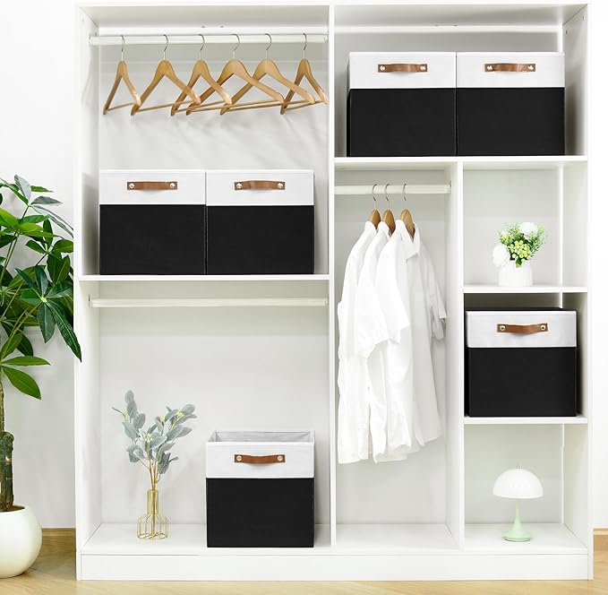 6-Pack Collapsible Fabric Storage Cubes with Handles & Label Holders, Closet Cube Home Organizer Bins (White/Black, 13 x 13 x 13 inch)