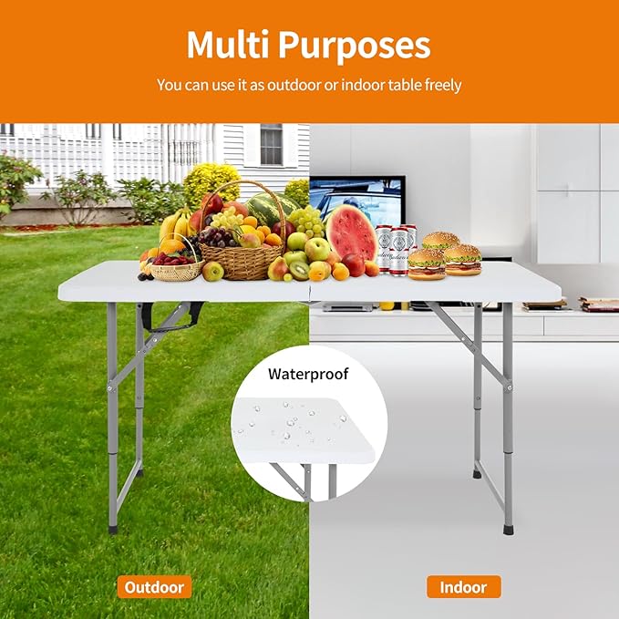 BestOffice Camping Folding 4 Foot Plastic Table, White-NeatNest