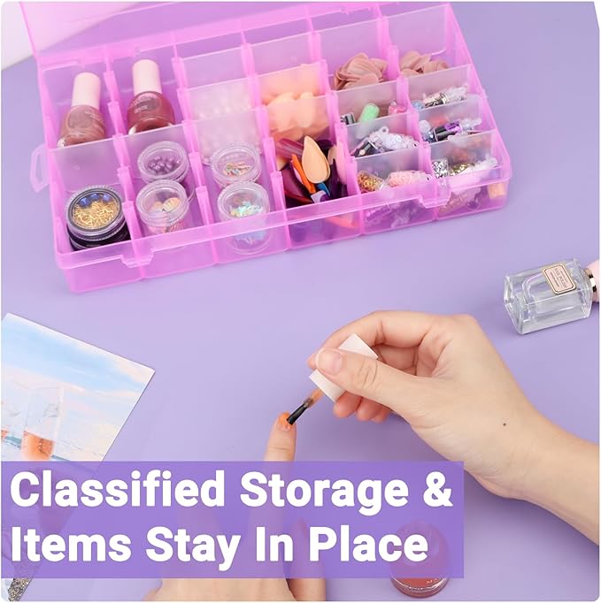 False Nail Container, Cosics Bright Pink 36-Gird Plastic Nail Art Organizers Storage Box with Adjustable Dividers, False Jewelry Diamonds Charms Nail 3D Decorations Manicure Accessory Holder Case-NeatNest