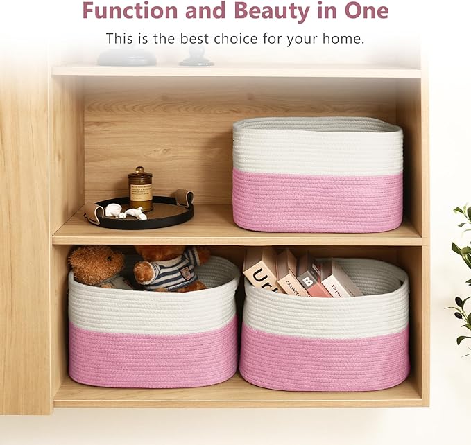 Cotton Rope Shelf Storage Basket, 15x10x9 in, Shelf Storage Baskets for Clothes, Toys, Towels, Books, Laundry (White/ Pink, 2 Pack)-NeatNest