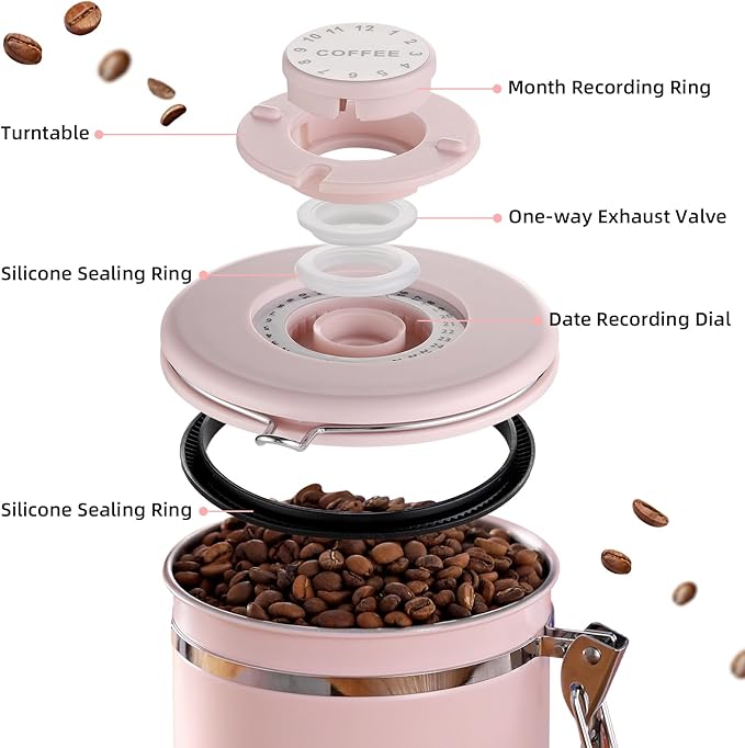 Bincoo Pink Coffee Canister, Large Stainless Steel Coffee Bean Storage Container with Date Tracker (800ML)-NeatNest