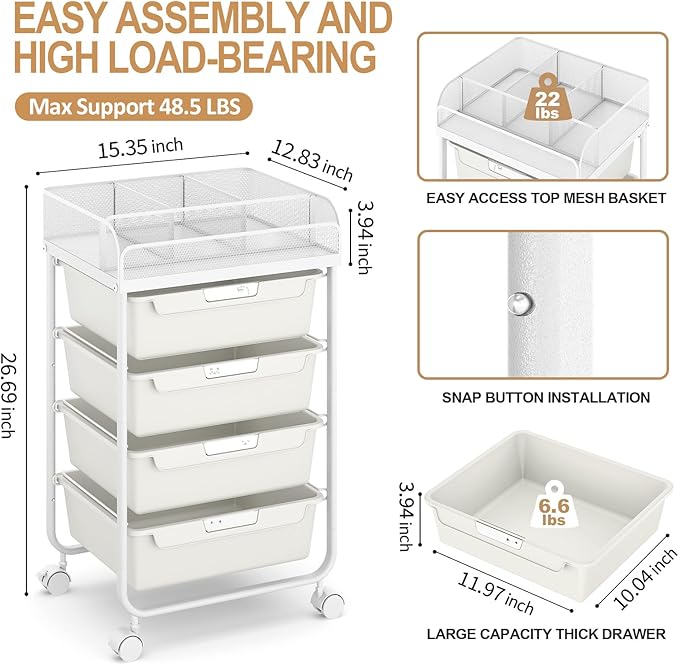 Rolling Cart with 4 Drawers,Craft Cart,Rolling Storage Cart with Drawer,Storage Cart with Drawers, Utility Cart with Drawers,Rolling Drawer Cart & 4 Dividers & 4 PCS DIY Lable,White