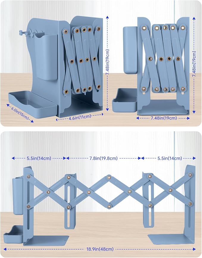 Honagu Adjustable Bookends, Metal Book Ends for Shelves Heavy Book, Desk Magazine File Organizer for Home, Office, Books, Papers with Removable Hook, Pen Holder(Dark Blue)