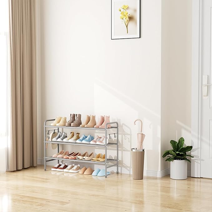 3 Tier Shoe Rack 33" Wide Metal Shoe Organizer Long Shoe Storage with 4 Side Hooks Sturdy Shoes Shelf for Front Door Entrance, Closet, Garage, Dorm, Grey-NeatNest