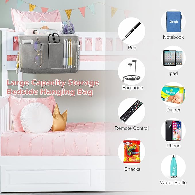 Bedside Caddy Hanging Storage with Water Bottle Holder for Bunk Bed, Hospital Bed, Dorm Rooms (Grey)-NeatNest