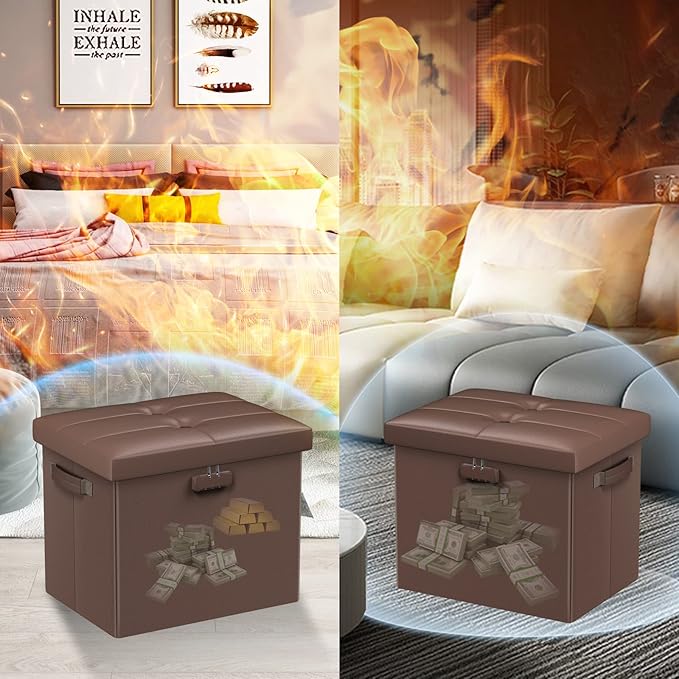 DocSafe Storage Ottoman Foot Rest Stool with Lock & Handle, Fireproof Folding Leather Footstool Bench with Storage Safe for Living Room Bedroom, Home Office, Dorm, 17x13x13in, Brown-NeatNest