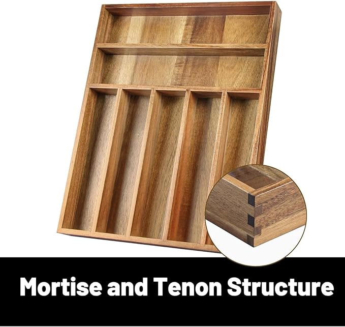 Acacia Wood Silverware Organizer, Kitchen Utensil Drawer Organizer, Fork and Spoon Utensil Holder Organizer. Can Also Be Used To Organize Jewelry, Tools, Office Supplies and Make Up. (5 bulkheads)
