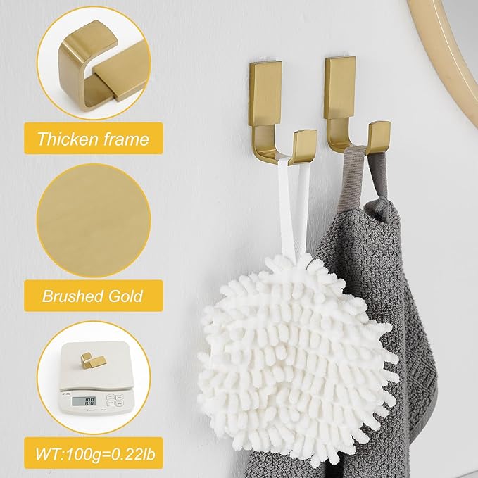 BESy Brass Clothes Hook Single Towel Hook for Bathroom Kitchen Garage Square Style Robe Hooks Coat and Hat Hook, Self Adhesive with Glue or Wall Mounted with Screws, Four Packs, Brushed Gold-NeatNest