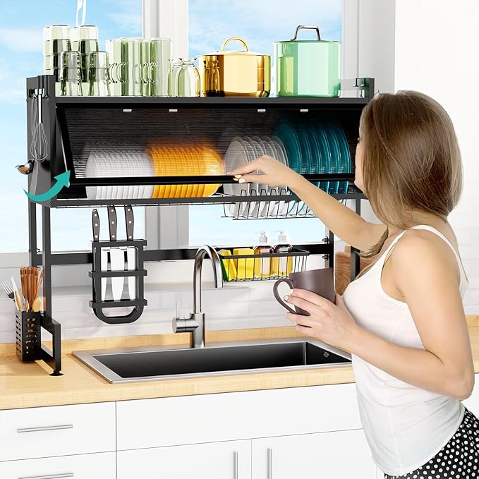 Over The Sink Dish Drying Rack, 3 Tier Over The Sink Dish Drainer Drying Rack with Cover for for Dishes, Glasses, Bowls and Cutlery, Dish Drainers Organizer for Kitchen Counter Storage