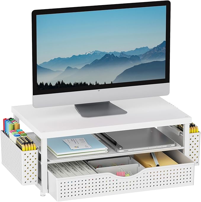 gianotter Wood Monitor Stand Riser, Office Desk Shelf Organizer, Desk Organizer with Drawer and Pen Holder, 2-Tier Computer Stand, Office Organization (Matte White)-NeatNest