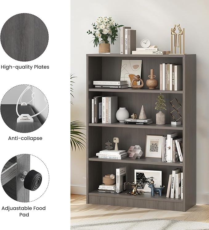 Farini 48 Inch Tall 4-Shelf Bookcase, Wood Bookshelf Storage Organizer Adjustable Shelf for Home Office, Study Room, Easy Assembly,Grey