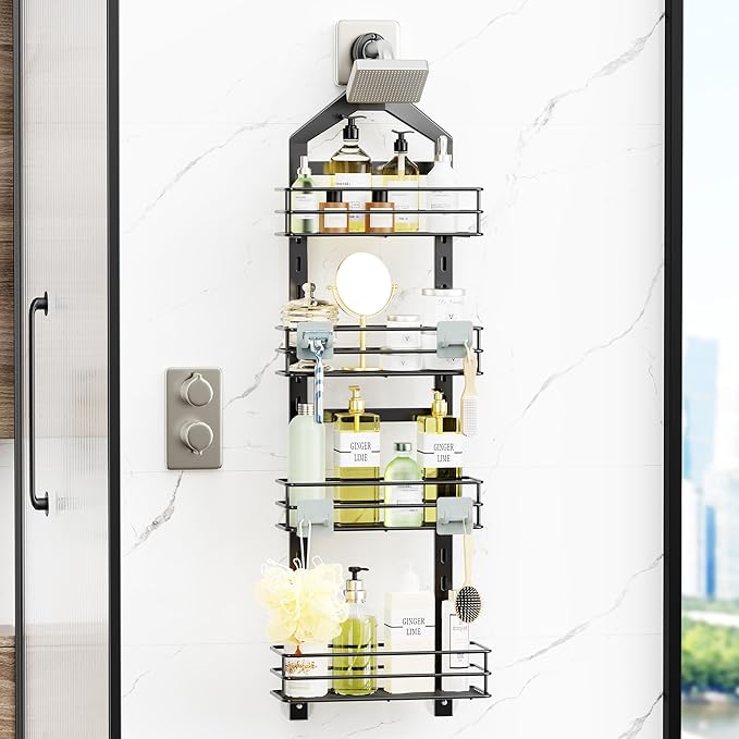 Orimade Adjustable Anti-slip Hanging Shower Caddy over Shower Head,Rustproof Bathroom Hanging shower Organizer with 4 Hooks for Razor,No Drilling Shower shelves Storage Rack,Black 4 Tier