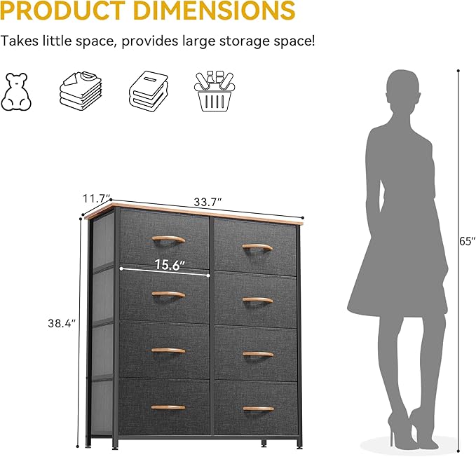 DWVO Dresser for Bedroom, Fabric Dresser with 8 Drawers, Tall Double Drawer Chest of Drawers for Closet, Living Room, Sturdy Steel Frame, Wooden Top, Easy Pull Handle-NeatNest