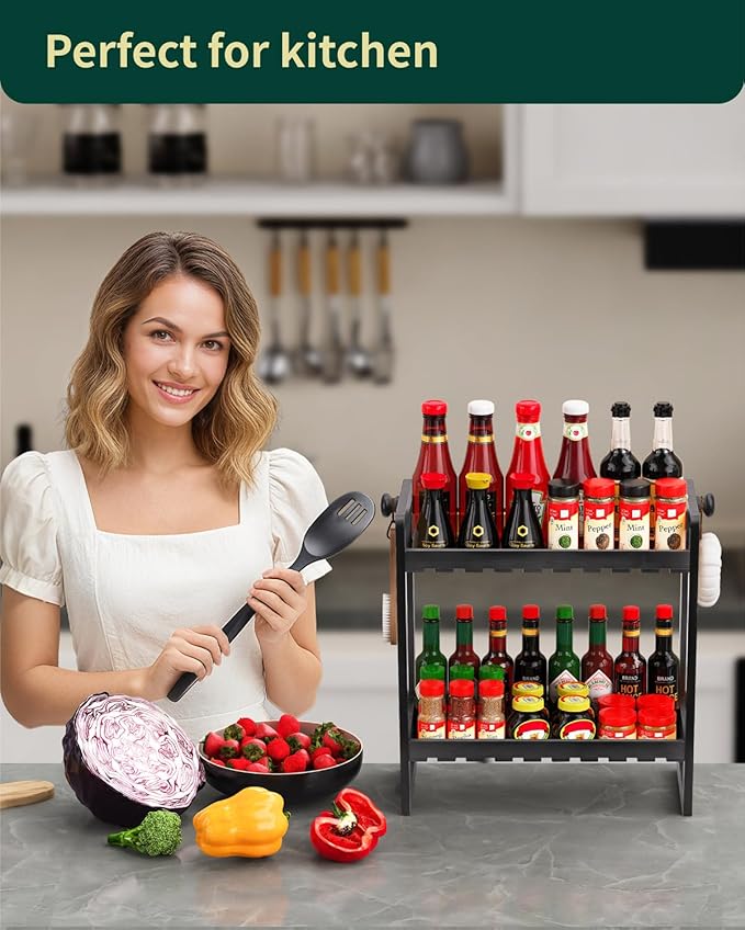 Countertop Organizer, Bamboo Spice Rack Organizer for Pantry, 2 Tier Kitchen Counter Shelf, Coffee Station Organizer,Black-NeatNest