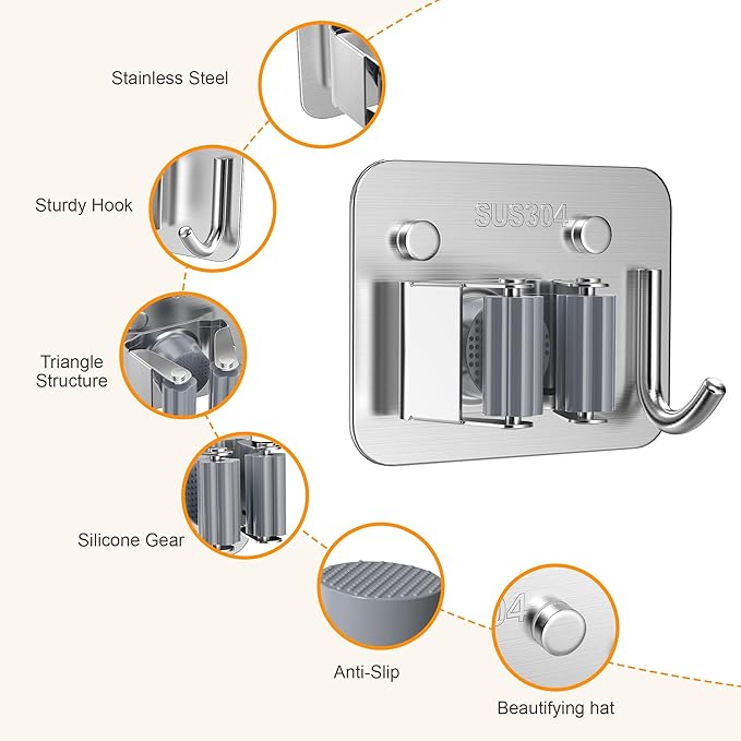 4 Pack Stainless Steel Mop and Broom Holder Wall Mount with Hook, Screw Drilling Mop and Broom Hanger, Single Heavy Duty Storage Rack for Laundry Garage Closet Garden Tool Organizer, Silver-NeatNest