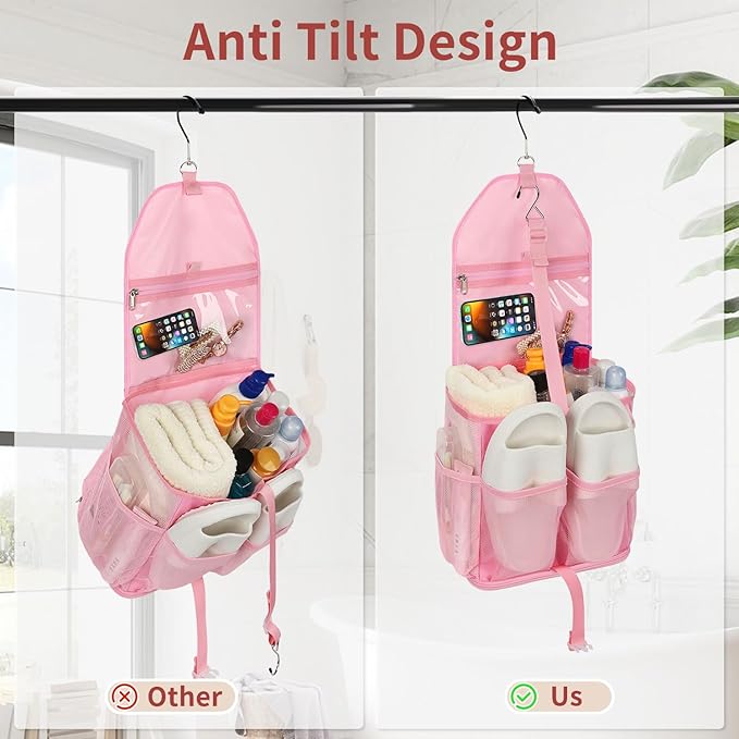 Pink Hanging Mesh Shower Caddy Portable for College Dorm Room Essentials, Large Capacity Shower Bag for Guys/Girls, for Beach, Swimming, Gym