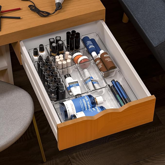 25 pc Clear Plastic Drawer Organizer Set,4 Size Small Storage Containers for Organizing Jewelry,Utensil,Junk,Tea,Makeup,Shallow Drawer Organizers Tray Suitable for Office,Desk,Bathroom,Vanity,Kitchen-NeatNest