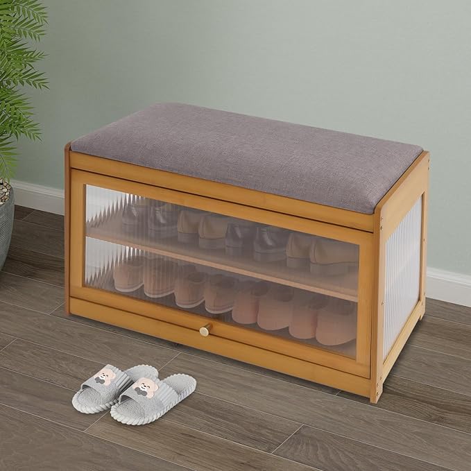 Eapmic Shoe Storage Bench, Entryway Shoe Rack Bench with Padded Seat Cushion, 2-Tier Shoe Cabinet, Bamboo Shoe Organizer for Hallway Bedroom Living Room Front Door (Brown, 27.56 * 12.6 * 16.53in)