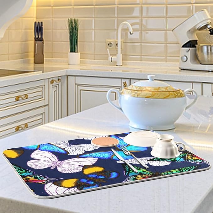 Absorbent Dish Drying Mat for Kitchen Counter - Blue Butterfly Microfiber Drying Pad, Reversible Drainer Mats for Countertop, Large 18" x 24"