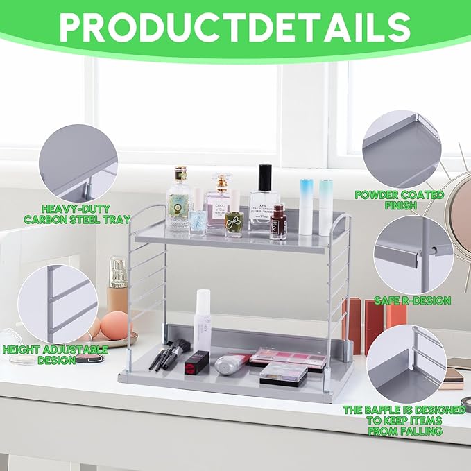 Adjustable Bathroom Countertop Organizer,2 Tier Vanity Shelf Organizer and Storage for Cosmetic Skincare Perfume, Metal Kitchen Countertop Shelf for Coffee Station,Condiment,Cupcakes,Plants,Mugs-NeatNest