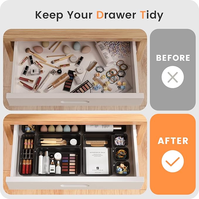 【𝟮𝟮𝗣𝗖𝗦】A-LUGEI Plastic Black Desk Drawer Organizer, Bathroom Organizers and Storage, Makeup Organizer, Organization and Storage Bin Container for Vanity Office Utensils Tool Pantry Cosmetic-NeatNest