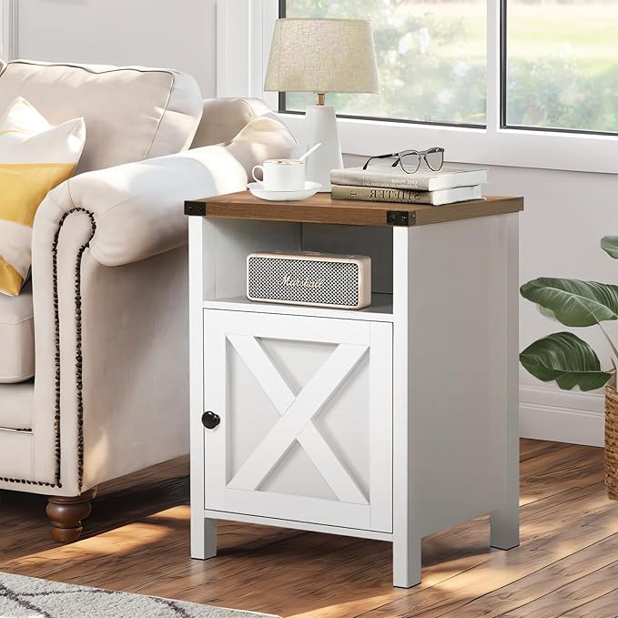 Farmhouse Nightstand, Side Table, End Table with Barn Door and Shelf, Modern Bed Side Table End Table, Rustic Nightstands Set for Bedroom, Living Room, White
