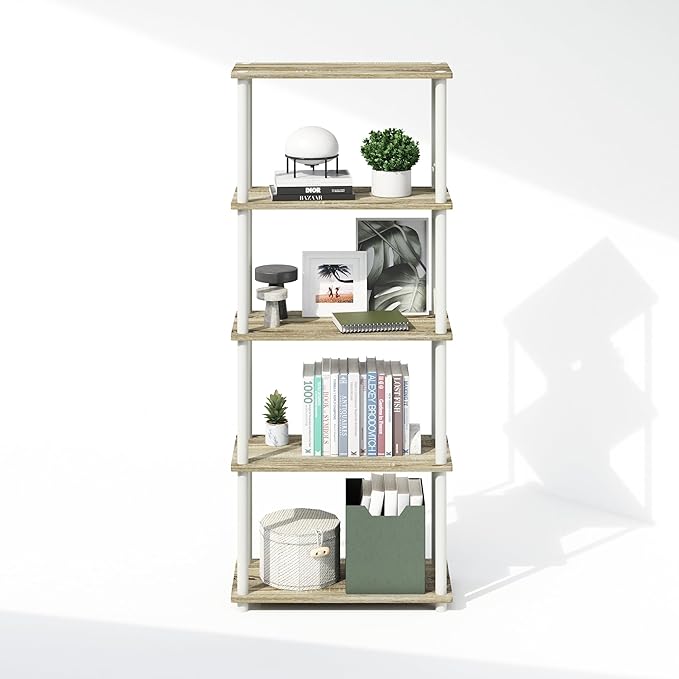 Furinno Turn-N-Tube 5-Tier Multipurpose Compact Bookcase, Sonoma Oak/White