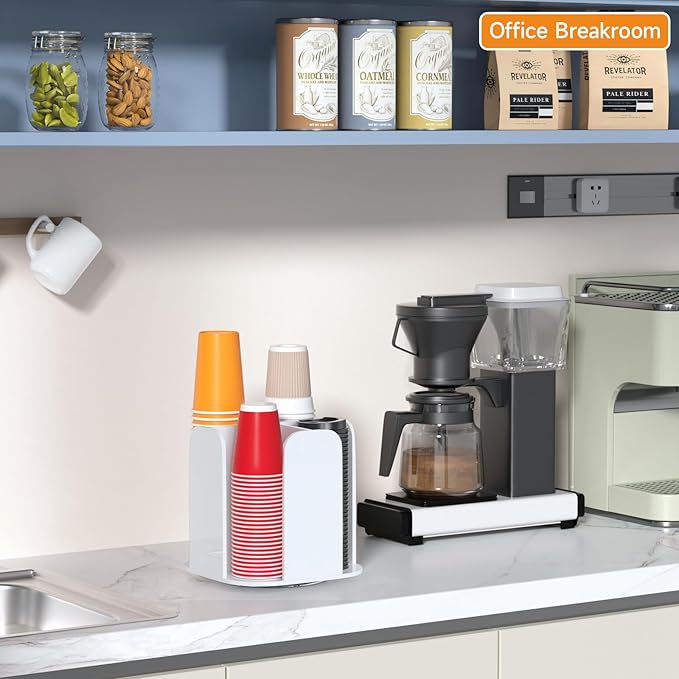 Beego Rotatable 4-Compartment White Acrylic Cup Dispenser - Coffee Station Cup and Lid Carousel Countertop Plastic Cup Holder for Restaurant Breakroom Coffee Bar-NeatNest