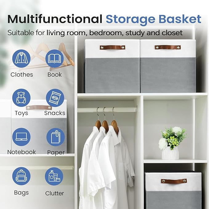 6-Pack Collapsible Fabric Storage Cubes with Handles & Label Holders, Closet Cube Home Organizer Bins (White/Dark Grey, 13 x 13 x 13 inch)