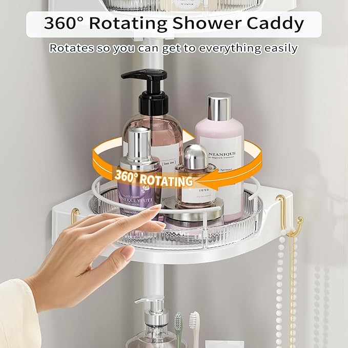360° Rotating Corner Shower Caddy Tension Pole Organizer - 4-Tier Adjustable Rustproof Metal Pole, Plastic Shelves with Safety Guardrail, Bathroom Storage for Shower & Bathtub(White)