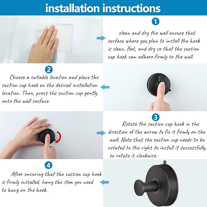 DGYB Suction Cup Hooks Set of 2 Suction Bathroom Hook for Wall Black Shower Hooks for Inside Shower 304 Stainless Steel Towel Hook for Glass Door Hanging Robe, Loofah, Coats-NeatNest
