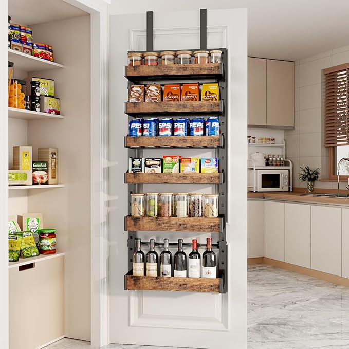 6-Tier Over The Door Pantry Organizer, Heavy-Duty Metal Wall Mount or Hanging Spice Rack, behind the door storage Shelves with Adjustable Basket, Back of Door Organizer for Kitchen Cabinet and Closet