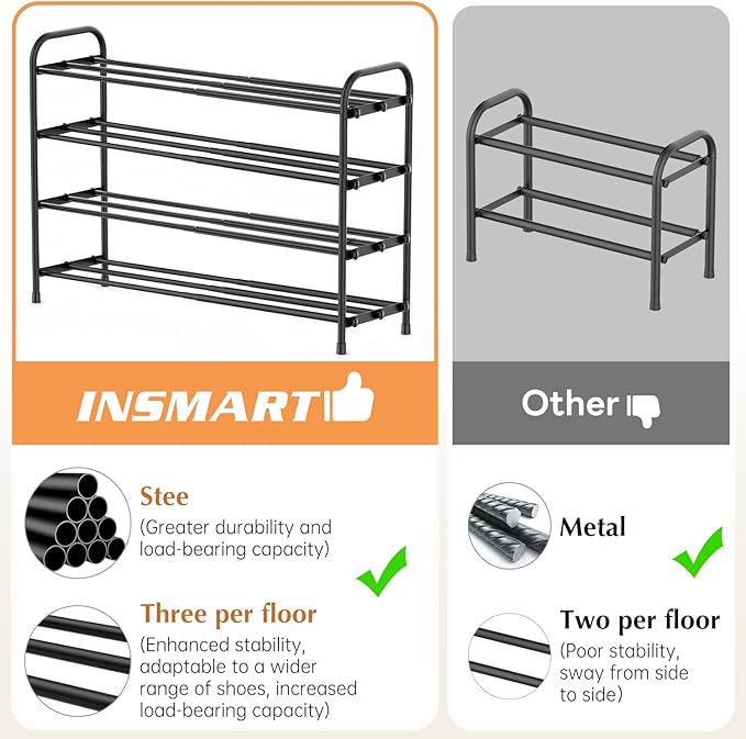 INSMART 4-Tier Expandable Shoe Rack, Stackable and Adjustable Shoes Organizer Storage Shelf, Sturdy and Durable Metal Structure Free Standing Shoe Rack for Closet Entryway Doorway-NeatNest