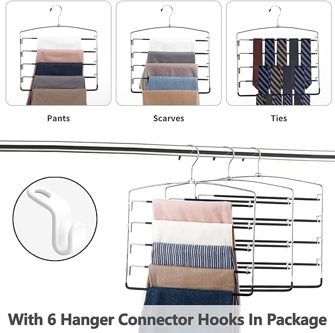 FeeraHozer Pants Hangers Non Slip 6 Pack Space Saving Hangers Multi-Layer Swing Arm Pants Hanger Stainless Steel Space Saver Hanger for Jeans Scarf Trouser Towel Clothes (Black)-NeatNest
