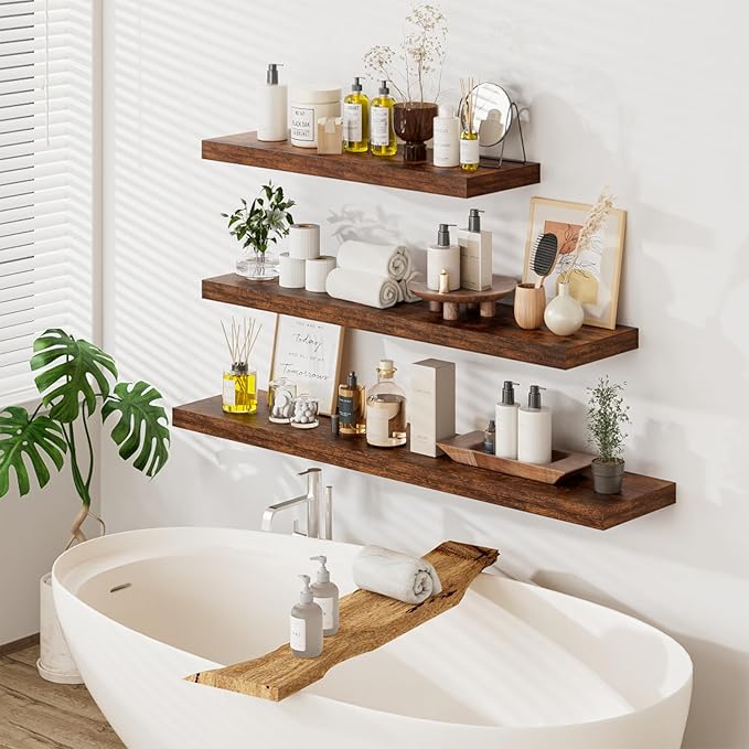 Heimlove 48W x 12D Long Floating Shelf, 12 Inch Deep Floating Shelves for Wall Set of 2, Wood Shelves for Bedroom Living Room Bathroom Kitchen Home Office, Rustic Brown-NeatNest
