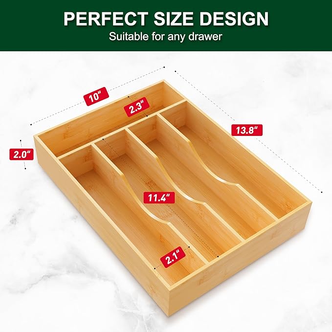 Bellsal Utensil Organizer 10 Inch Silverware Tray for Drawer Utensil Holder Cutlery Organizer Kitchen Drawer Organizer 5 Compartment Small Narrow Bamboo-NeatNest