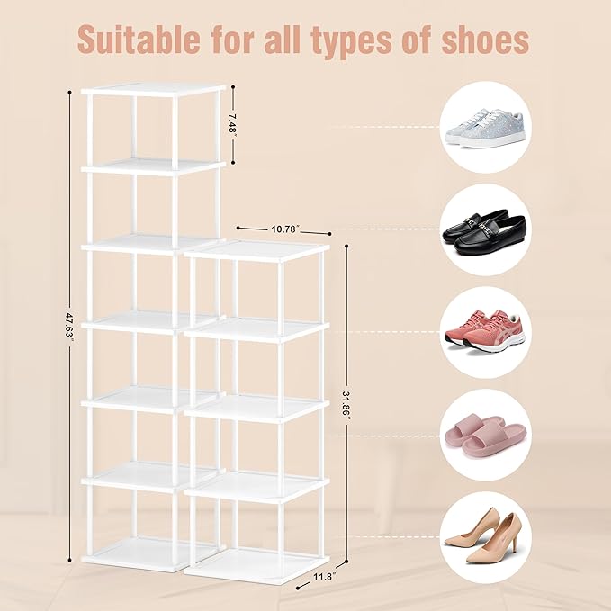 Vertical Tall Shoe Rack Organizer for Entryway -12 Tier Free Standing Slim Narrow Bamboo Wood Corner Stackable Shoe Boots Storage Stand Small Spaces for Closet Garage Cloakroom Living Room (White)-NeatNest