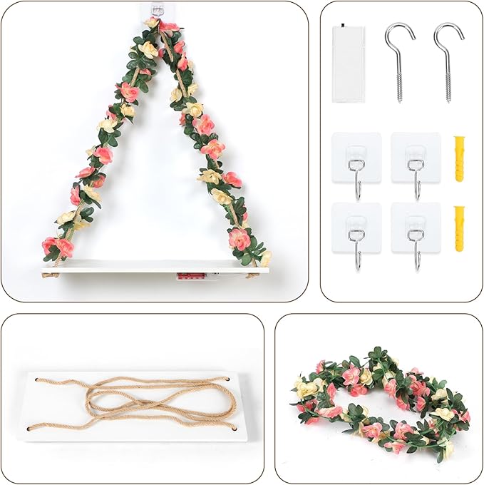 Floating Shelves for Wall No Drilling,Wall Dcorations Art,Hanging Shelf,Leaves and Light Strip with Flower,Set of 2 Plant Decor for Home House Livingroom Bedroom Officer,Boho Decor,Gifts for Woman-NeatNest