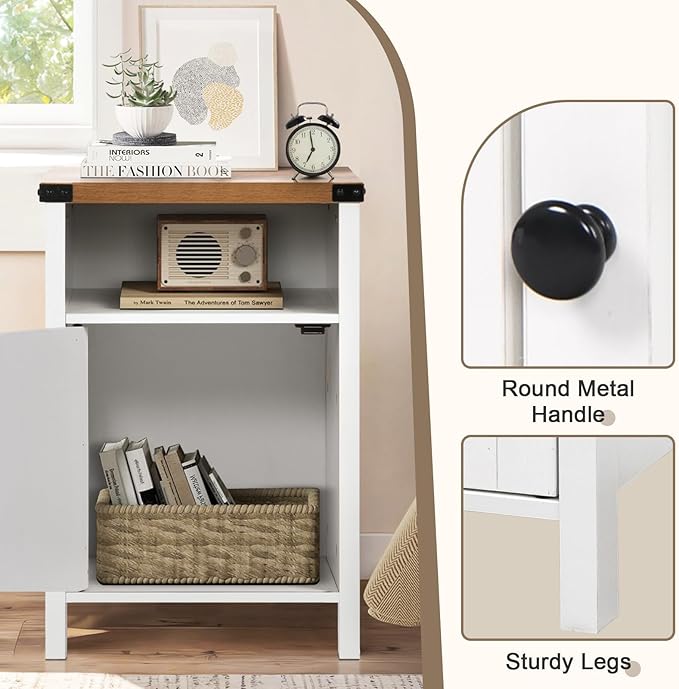 Farmhouse Nightstand, Side Table, End Table with Barn Door and Shelf, Modern Bed Side Table End Table, Rustic Nightstands Set for Bedroom, Living Room, White
