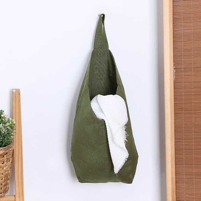 100% Linen Hanging Storage Bags Baskets 2 Pcs, Small Wall Storage Bag for Kitchen, Bedroom, RV Camper Organizer, Sewing Room, Nursery Storage, Kids Room, Army Green