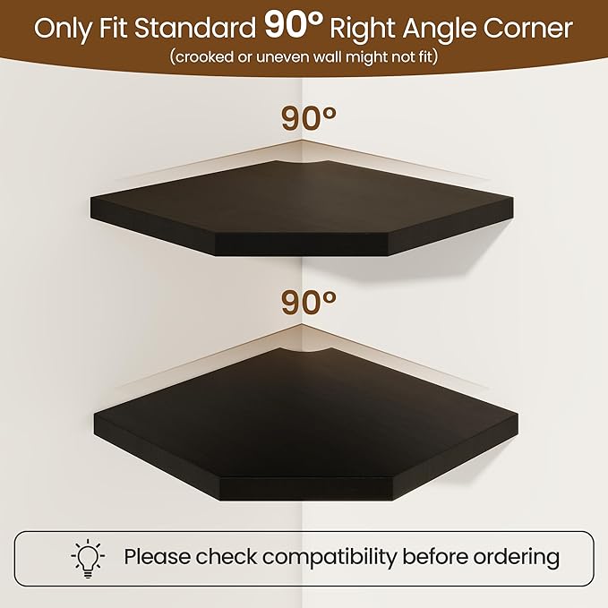 Fun Memories Corner Shelf Wall Mount, Solid Oak Wood Floating Corner Shelves with Cable Hole, 10in Rustic Design for Bedroom, Bathroom, Kitchen, Living Room (Black, 1 Pack)-NeatNest