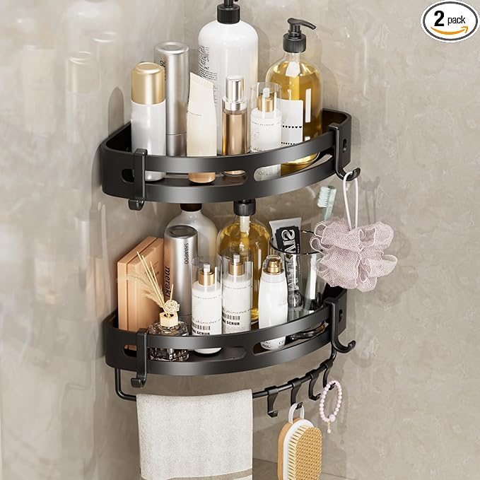 Adhesive Shower Corner Caddy,2-Pack Heavy Duty Shower Corner Shelves Rack with 8 Hooks and 1 Towel Bar,Rustproof Bathroom Organizer No Drilling Wall Mounted