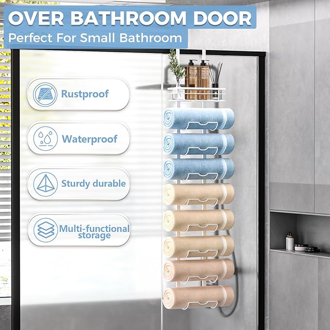 9-Tier Over The Door Towel Rack,Towel Racks for Bathroom, Metal Towel Holder with Storage Basket,Towel Rack for Rolled Towels,Bathroom Shelves,White