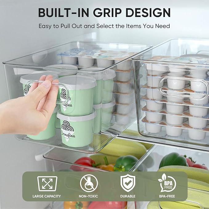 BALEINE Clear Plastic Storage Bins, Pantry Organization, BPA Free Stackable Refrigerator Organizers and Storage with Handles for Kitchen Fridge Cabinet Bathroom (8PK, 9.5x5.5x4.5)-NeatNest