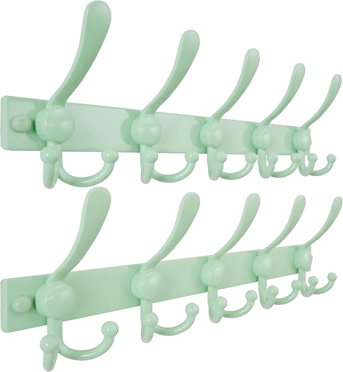 Dseap Coat Rack Wall Mount 2.0 Pro: Heavy Duty 300% Thicker, 16" Stud Mount, Stainless Steel Wall Coat Hooks Hanger for Clothes Jackets Hats Entryway Closet, MaxStrong Series, Green, Pack of 2