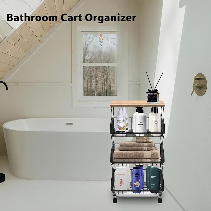 Rolling Kitchen Cart with Wood Top - 4-Tier Wire Basket Organizer for Fruits, Vegetables, Pantry Storage - Stackable, Mobile Cart with Wheels for Kitchen, Home, Office
