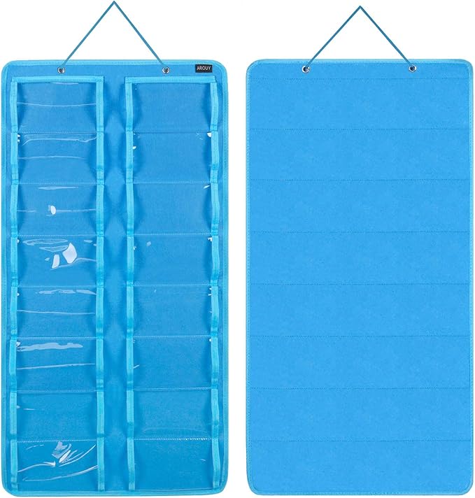 AROUY Sunglasses Organizer Storage - Hanging Dust Proof Wall Pocket With 16 Felt Slots, Metal Hook and Sturdy Rope (Light Blue)-NeatNest