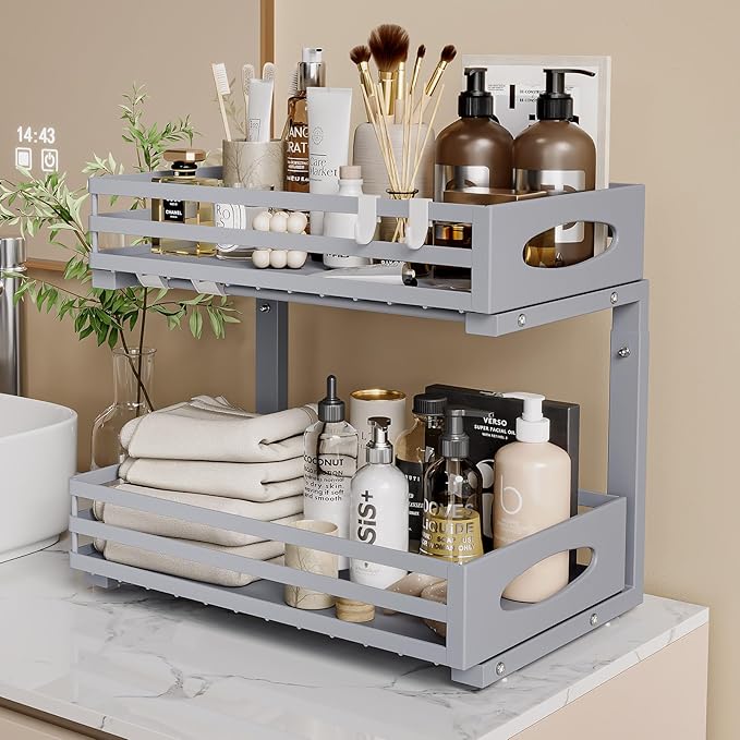 Under Sink Organizer, 2 Tier Under Sink Organizers and Storage, Adjustable Height, Slide Out Metal Cabinet Organizers, Pull Out Cabinet Storage Drawer Shelf for Kitchen Bathroom Gray, 1 Pack-NeatNest